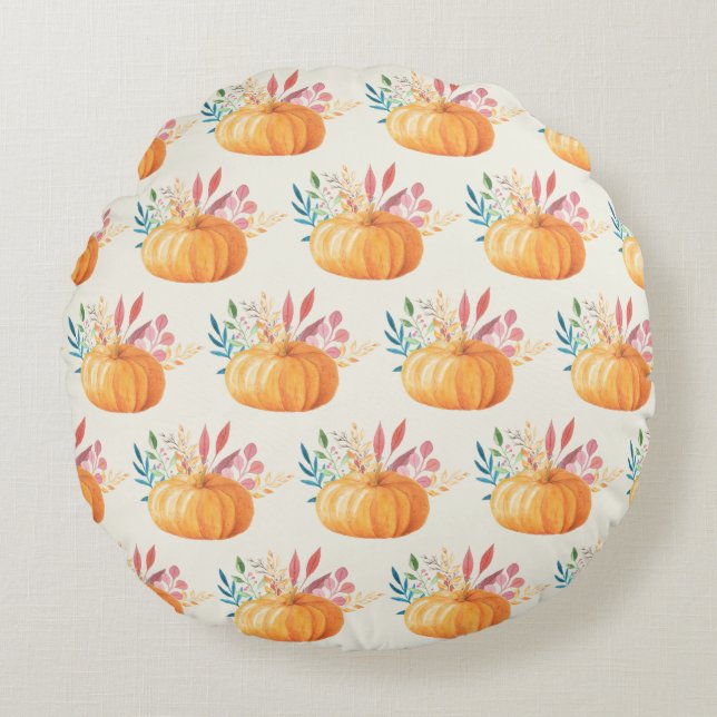 Cute Orange Watercolor Pumpkin Pattern Round Cushion (Front)
