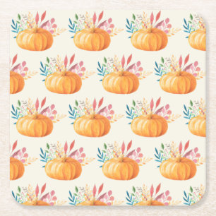 Cute Orange Watercolor Pumpkin Pattern Square Paper Coaster