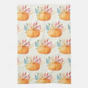 Cute Orange Watercolor Pumpkin Pattern Tea Towel