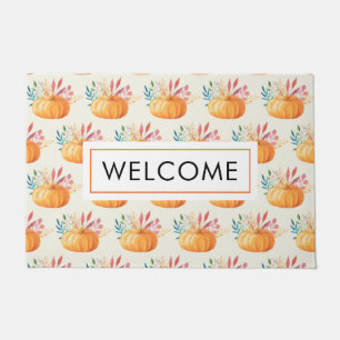 Cute Orange Watercolor Pumpkin Pattern Welcome Doormat