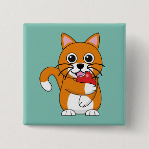 Cute Orange White Cat Eating Red Apple Cartoon 15 Cm Square Badge