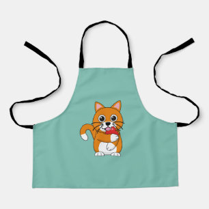 Cute Orange White Cat Eating Red Apple Cartoon Apron