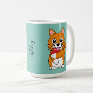 Cute Orange White Cat Eating Red Apple Cartoon Coffee Mug