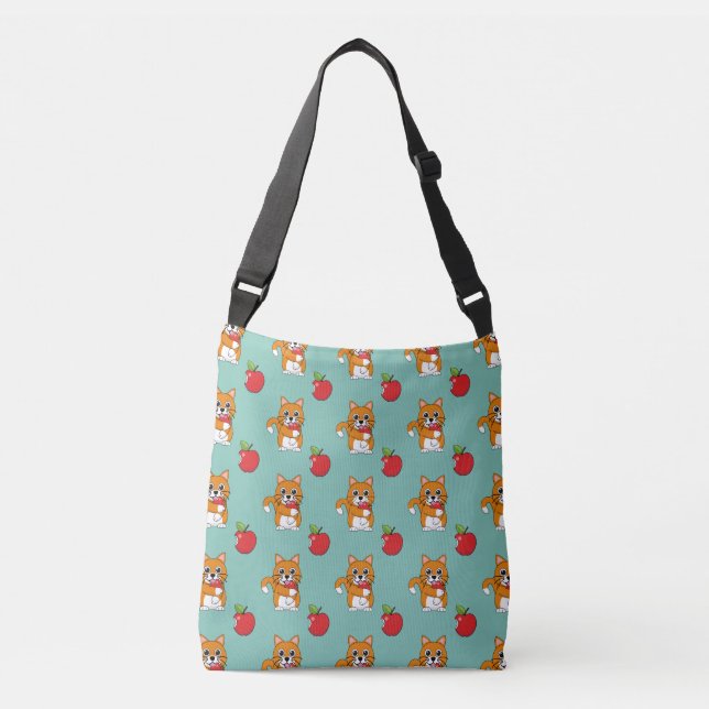 Cute Orange White Cat Eating Red Apple Cartoon Crossbody Bag (Front)