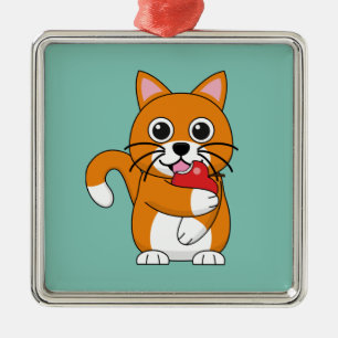 Cute Orange White Cat Eating Red Apple Cartoon Metal Tree Decoration