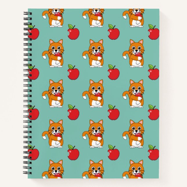 Cute Orange White Cat Eating Red Apple Cartoon Notebook (Front)