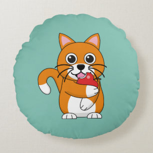 Cute Orange White Cat Eating Red Apple Cartoon Round Cushion