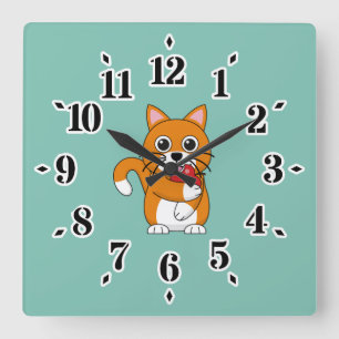 Cute Orange White Cat Eating Red Apple Cartoon Square Wall Clock