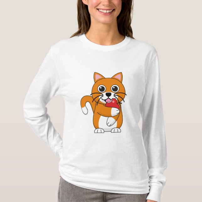 Cute Orange White Cat Eating Red Apple Cartoon T-Shirt (Front)