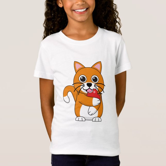 Cute Orange White Cat Eating Red Apple Cartoon T-Shirt (Front)