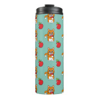 Cute Orange White Cat Eating Red Apple Cartoon