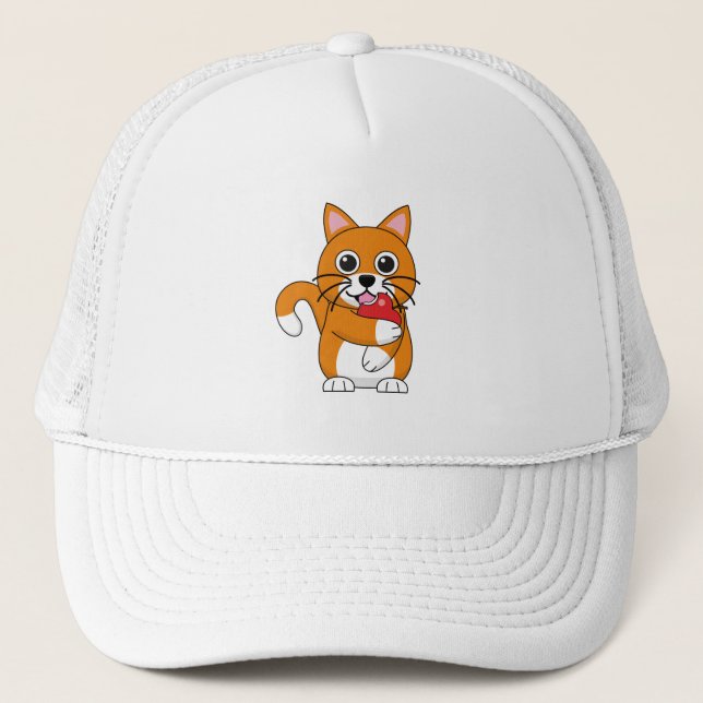 Cute Orange White Cat Eating Red Apple Cartoon Trucker Hat (Front)