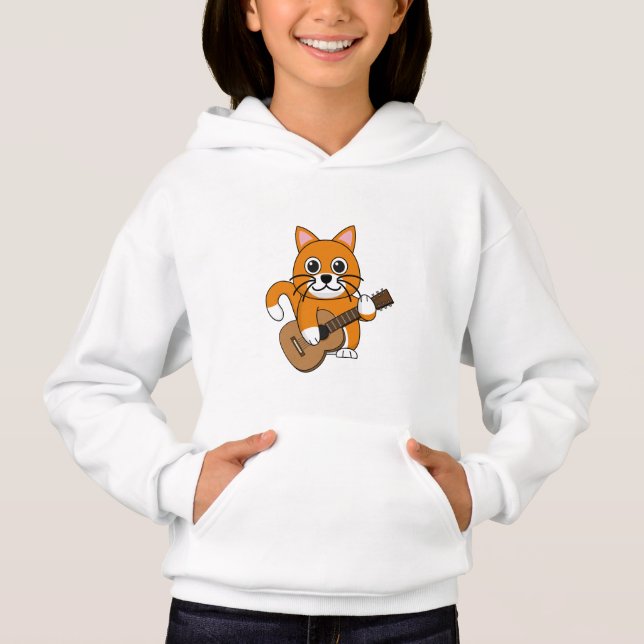 Cute Orange White Cat Playing Guitar Cartoon (Front)