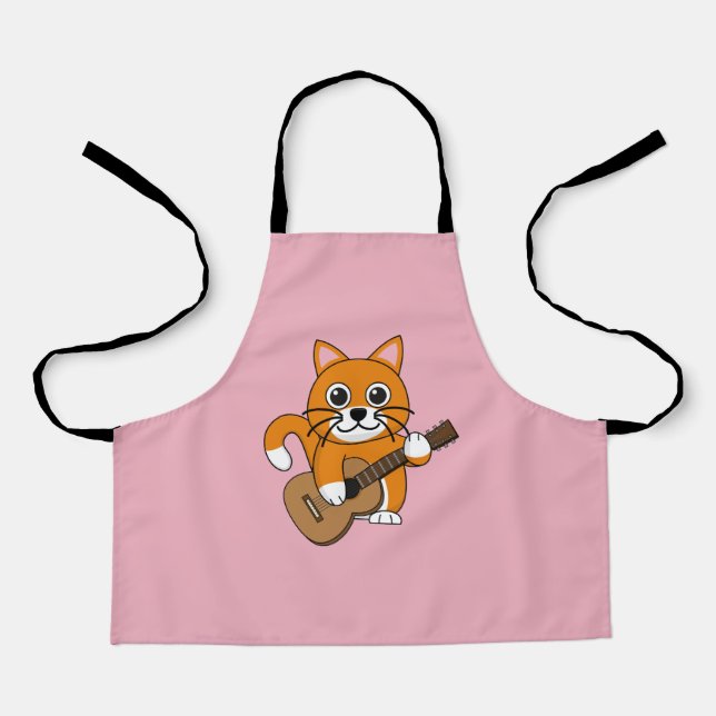 Cute Orange White Cat Playing Guitar Cartoon Apron (Front)
