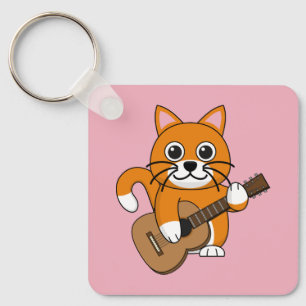 Cute Orange White Cat Playing Guitar Cartoon Key Ring