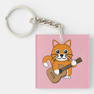 Cute Orange White Cat Playing Guitar Cartoon Key Ring