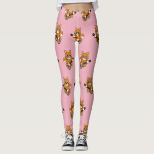 Cute Orange White Cat Playing Guitar Cartoon Leggings