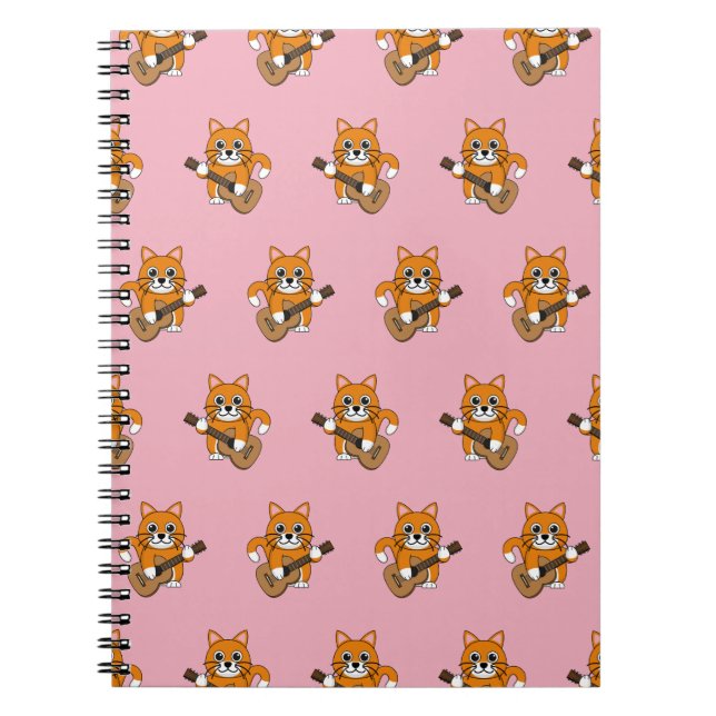 Cute Orange White Cat Playing Guitar Cartoon Notebook (Front)