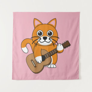 Cute Orange White Cat Playing Guitar Cartoon Tapestry