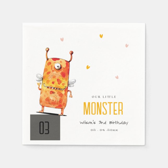 Cute Orange Yellow One Eyed Monster Kids Birthday Napkin (Front)