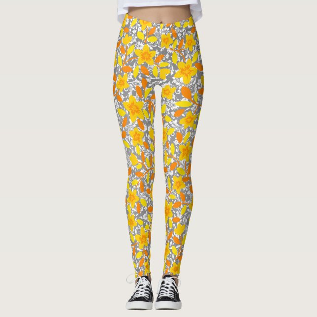 Cute orange yellow white flowers patterns leggings (Front)