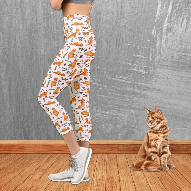 Cute Orange Yoga Cat Pattern Capri Leggings (Creator Uploaded)