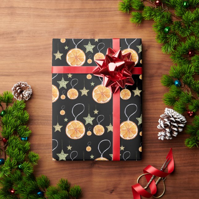 Cute Oranges and Stars On Black Holiday Wrapping Paper (Holiday Gift)