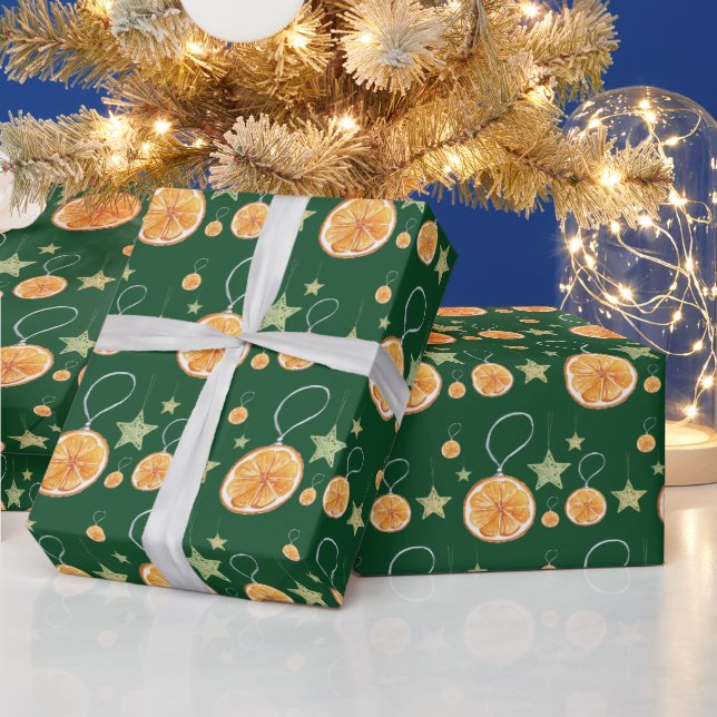 Cute Oranges and Stars On Green Wrapping Paper (Holidays)