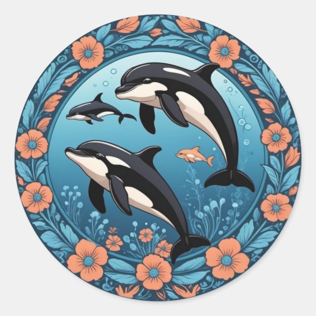 Cute Orca Pod Swims with Flowers Sticker (Front)