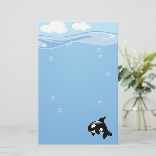 Cute Orca Whale in Ocean Light Blue Stationery (Standing Front)