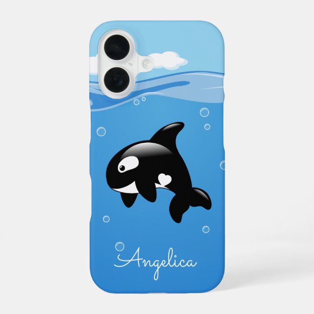 Cute Orca Whale in Ocean with Custom Name iPhone 16 Case (Back)