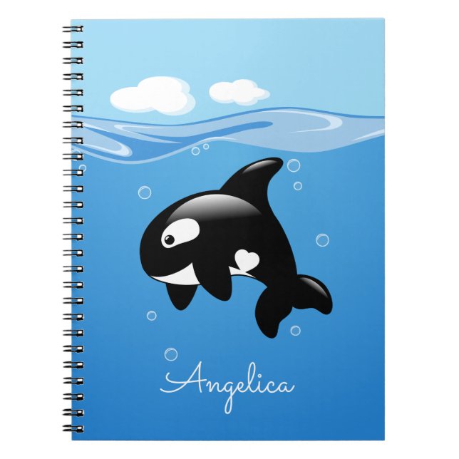 Cute Orca Whale in Ocean with Custom Name Notebook (Front)