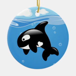 Cute Orca Whale on Blue Ceramic Tree Decoration