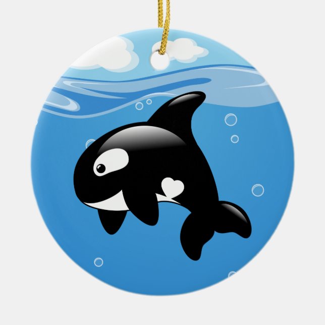 Cute Orca Whale on Blue Ceramic Tree Decoration (Front)
