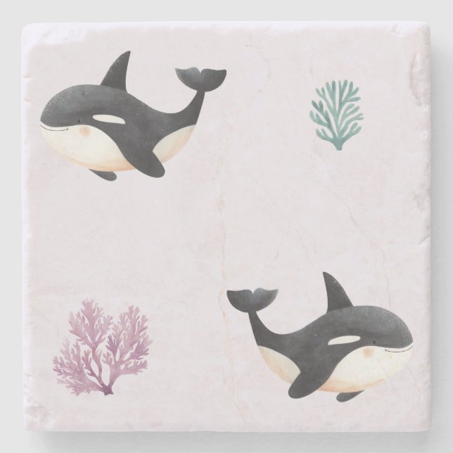 Cute Orca Whale Pattern Ocean Sea Life Nursery  Stone Coaster (Front)