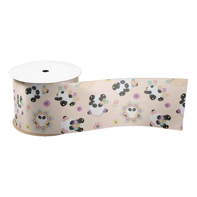 Cute Oriental Pandas Pattern on Beige Satin Ribbon (Spool)