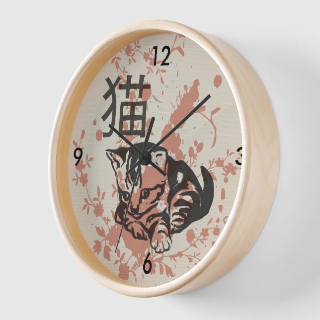 Cute oriental style neko cat design wall clock (Angle)