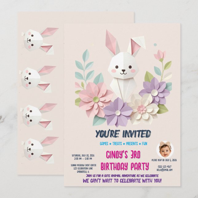 Cute Origami Bunny Birthday Invitation  (Front/Back)