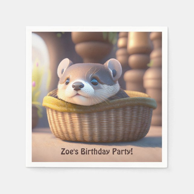 Cute otter baby in a basket - custom kids birthday napkin (Front)