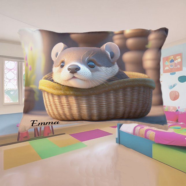 Cute otter baby in a basket - personalizable decorative cushion (Creator Uploaded)