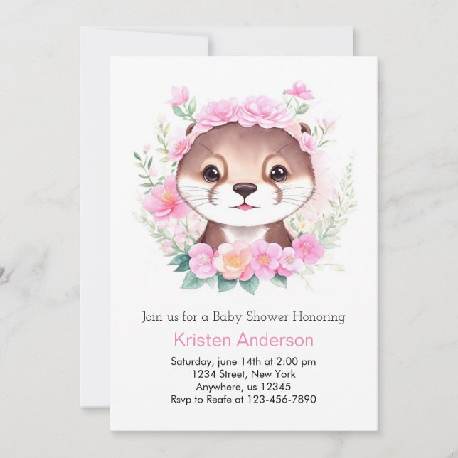 Cute Otter Blissful Pink Girl Baby Shower Invitation (Front)