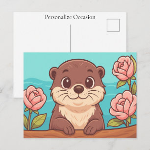 Cute Otter Cartoon with Roses and Water Scene Holiday Postcard