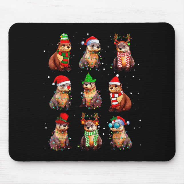Cute Otter Christmas Pajama Funny Xmas Lights Anim Mouse Pad (Front)