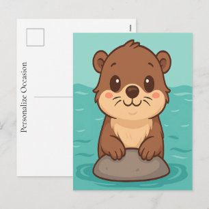Cute Otter Cub Cartoon Charming Water Scene Nature Holiday Postcard