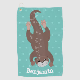 Cute otter diving on teal cartoon illustration golf towel
