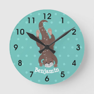 Cute otter diving on teal cartoon illustration round clock