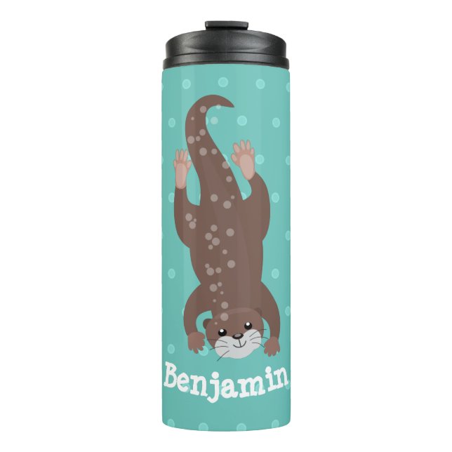 Cute otter diving on teal cartoon illustration thermal tumbler (Front)