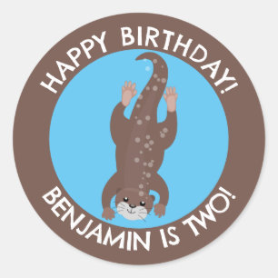 Cute otter diving personalised cartoon birthday classic round sticker