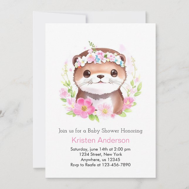Cute Otter Dreams in Pink Girl Baby Shower Invitation (Front)