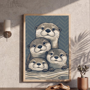 Cute Otter Family Nursery Art Chevron Background P Poster
